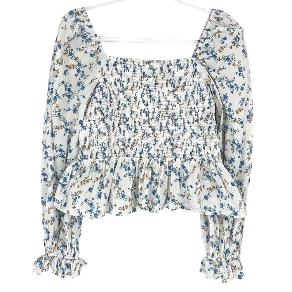 Dizzy Lizzy Smocked Peplum Top Women XL White Floral Cottagecore Puff Sleeve